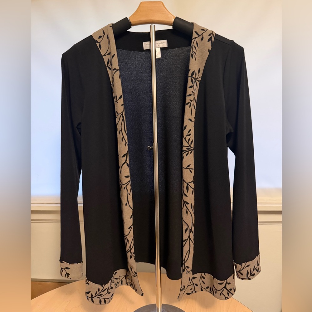 Christopher & Banks Black Open-Front Cardigan with Taupe Leaf Trim